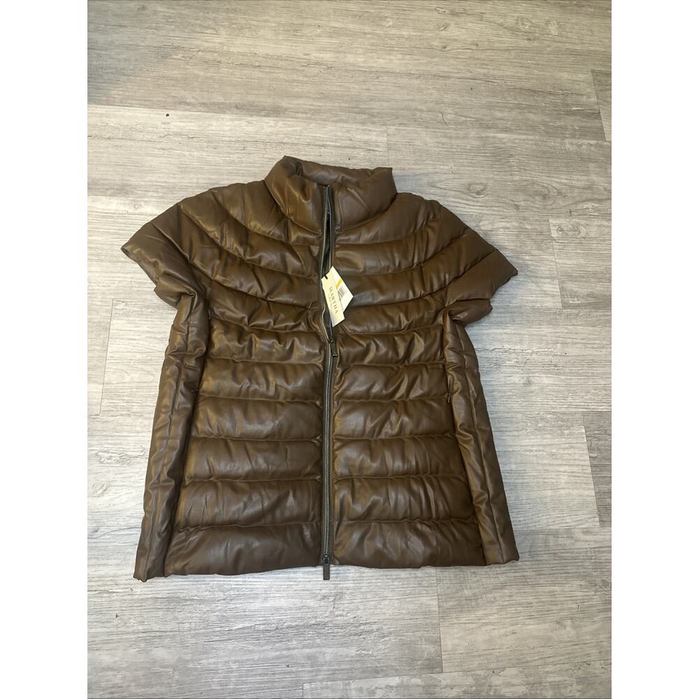 Martha Stewart Splashy PU Leather Brown Puffer Vest with Pockets Zip Down Med